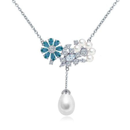 Elegant Pearl Zircon Flower Necklace - HERS
